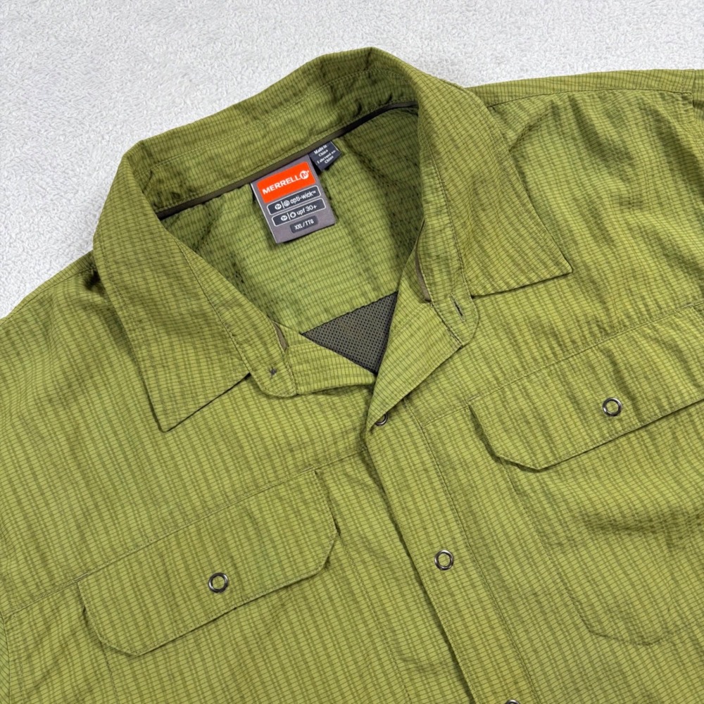 Merrell Opti-Wick Hiking Shirt Mens XXL Green Texture UPF 30 Short Sleeve Button